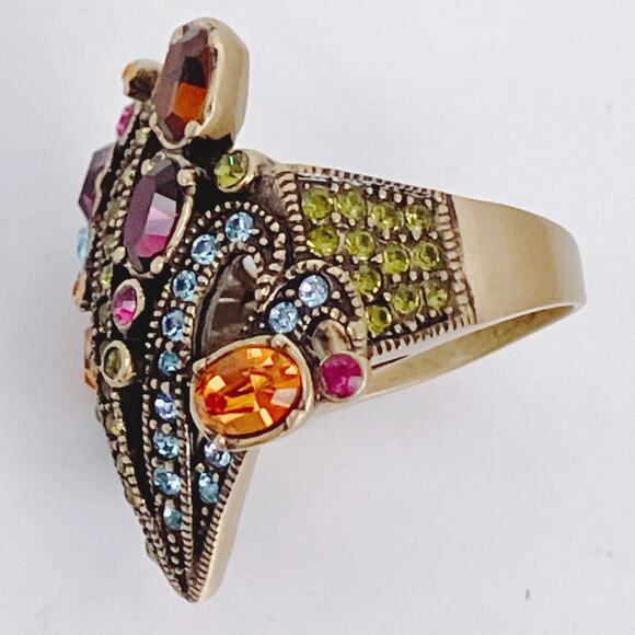 Signed Heidi Daus Swarovski Crystal Colorful Gold Tone Cocktail Ring Size 6.75 - Picture 5 of 10